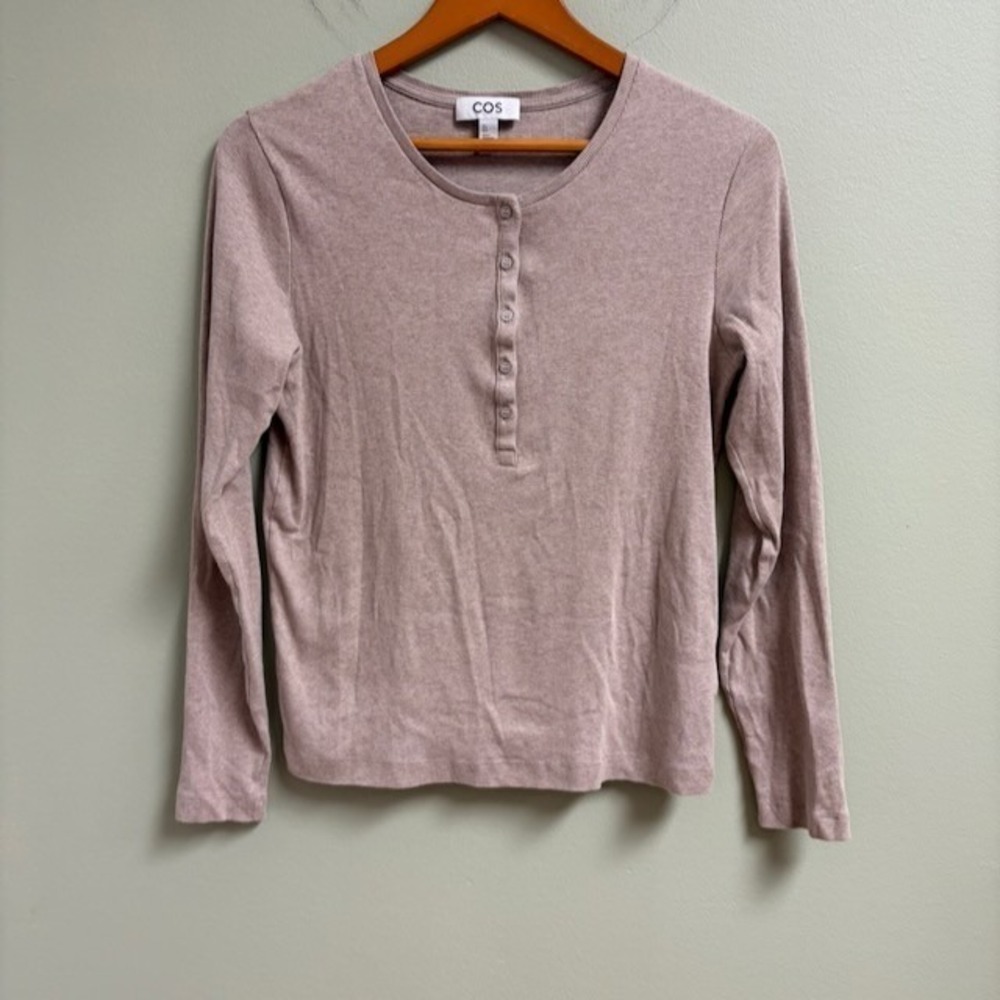 COS Womens Henley Long Sleeve Top Size L Ribbed Beige Minimalist Casual